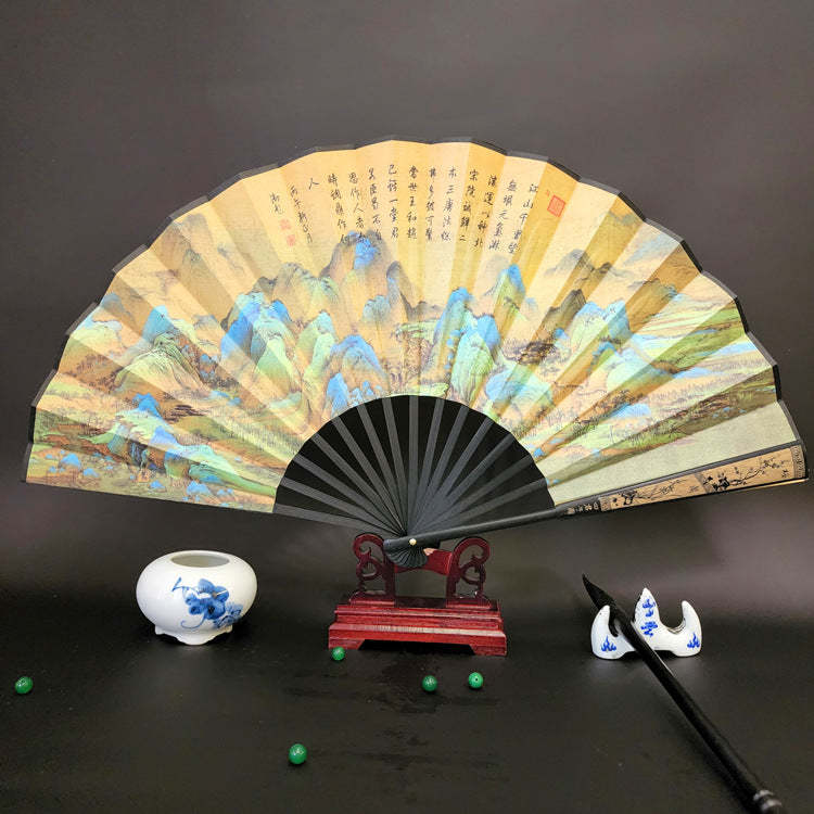 Great Wall Mountains Trees Crane Bamboo Handheld Bamboo Folding Fan 33.5cm
