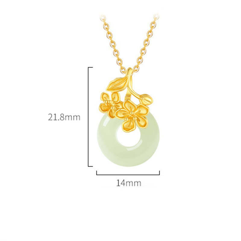 Hetian Jade 999 Sterling Silver Peace Buckle Peach Blossom Necklace Pendant