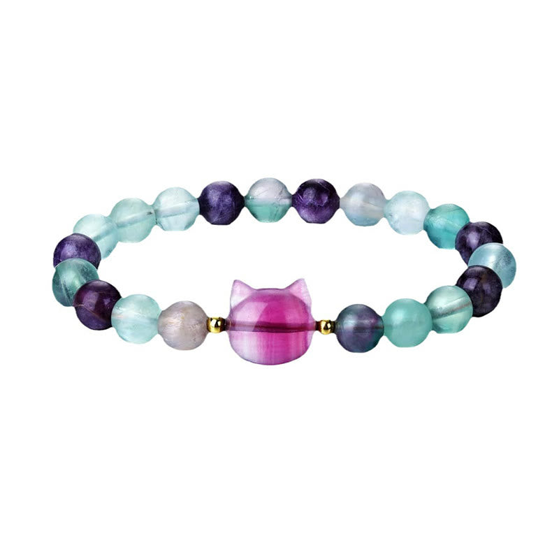 Amethyst Green Aventurine Rose Quartz Fluorite Cat Head Balance Luck Bracelet