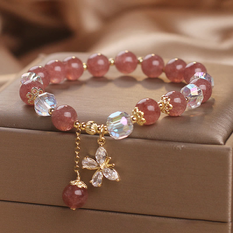 Natural Strawberry Quartz Love Healing Butterfly Charm Bracelet