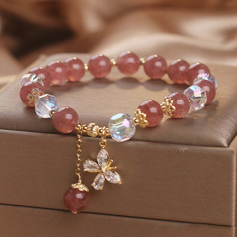 Natural Strawberry Quartz Love Healing Butterfly Charm Bracelet