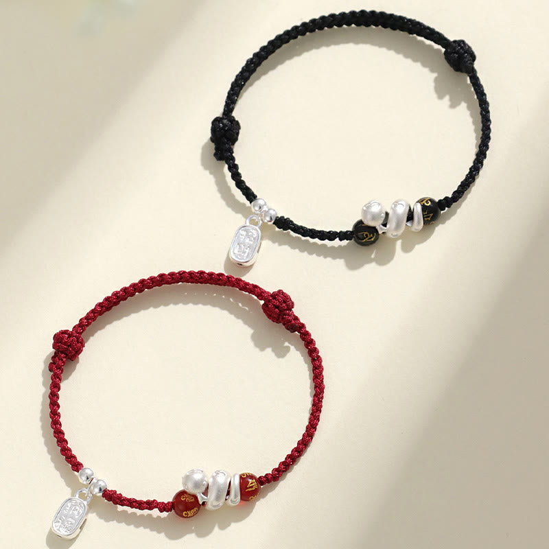 999 Sterling Silver Year Of The Snake Red Agate Black Onyx Lucky Fortune Six True Words Happiness Braided Bracelet