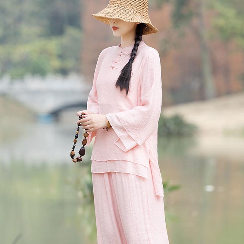2Pcs Plain Design Top Pants Meditation Yoga Zen Tai Chi Cotton Linen Clothing Women's Set