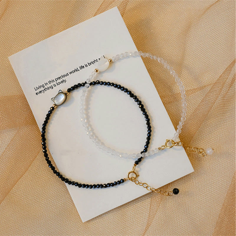 14K Gold Plated Black Spinel White Crystal Cute Cat Tridacna Stone Healing Bracelet