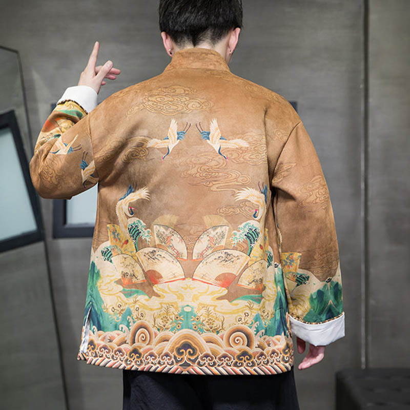 Frog-Button Chinese Tang Suit Crane Character Long Shirt Cotton Suede Men Jacket Clothing