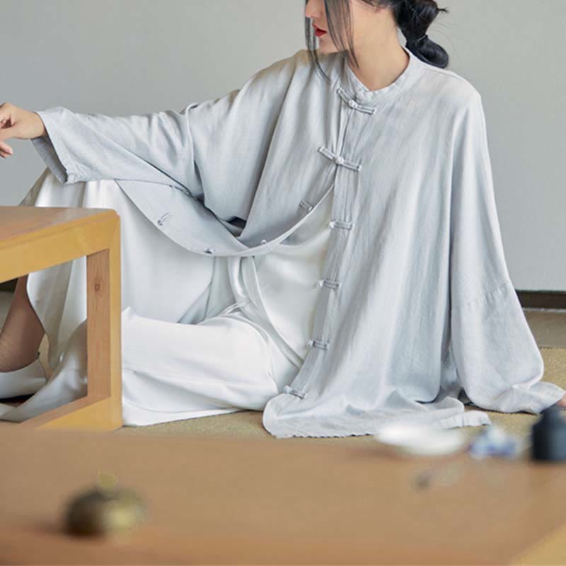 Plain Frog-Button Design Shirt Zen Tai Chi Meditation Top Clothing Cotton Linen Jacket