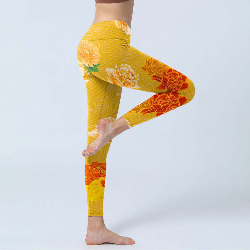 Vibrant Rose Flowers Print Gym Leggings Women's Yoga Pants