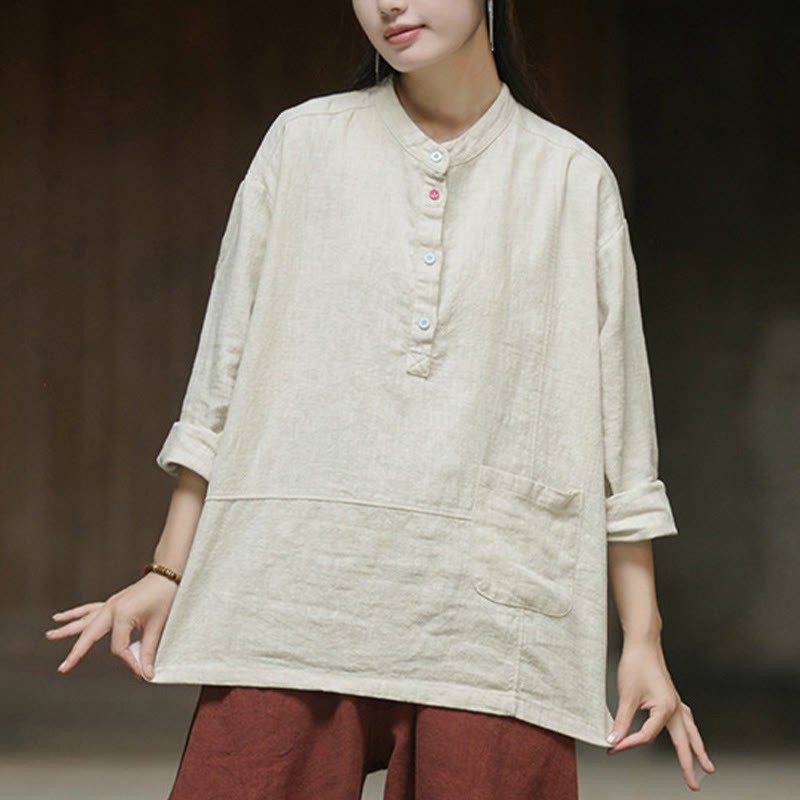 Solid Color Long Sleeve Ramie Linen Half Button Women's Shirt