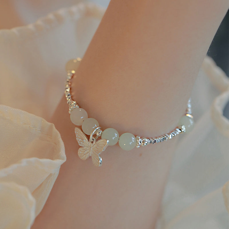 925 Sterling Silver Natural Hetian Jade Luck Butterfly Charm Bracelet