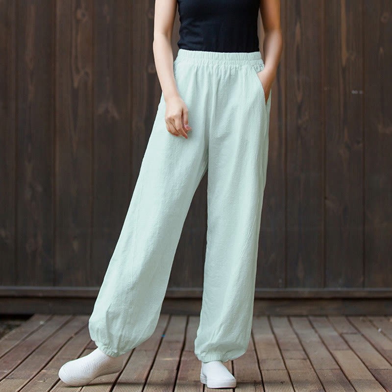 Casual Solid Plain Color Carrot Elastic Waistband Cotton Ramie Women's Pants With Pockets