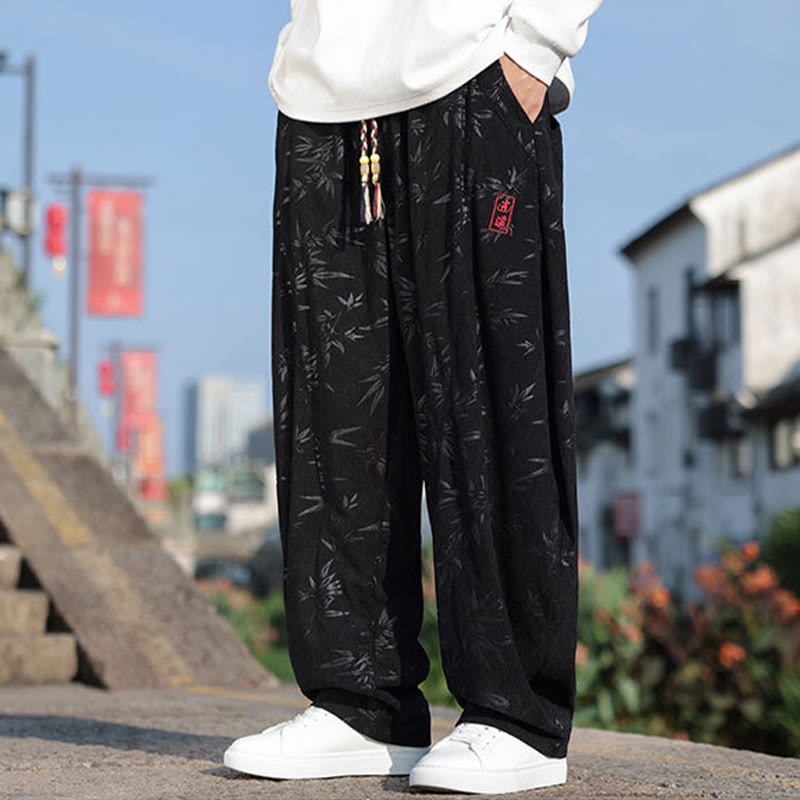 Embroider Leaves Casual Cotton Men's Pants With Pockets