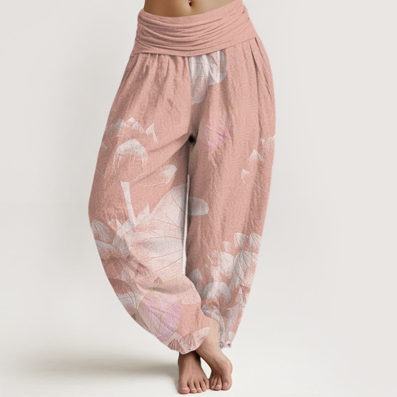 Pink And White Lotus Women's Elastic Waist Harem Pants
