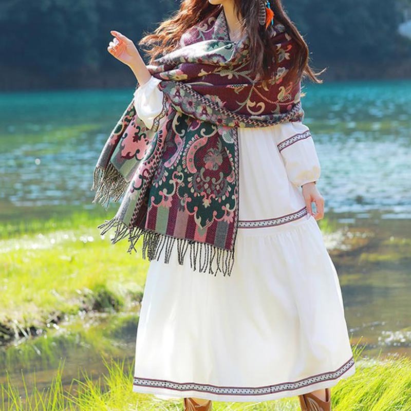 Tibetan Flowers Leaves Branch Design Tassel Shawl Cozy Travel Scarf Wrap