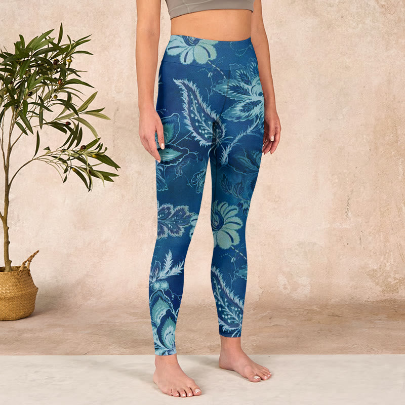 Blue Flowers Print Sports Fitness Leggings Women's Yoga Pants