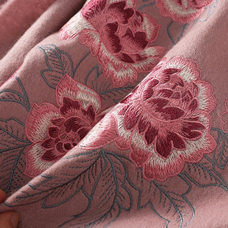Wool Shawl Red Peony Embroidery Tassel Winter Cozy Travel Scarf Wrap
