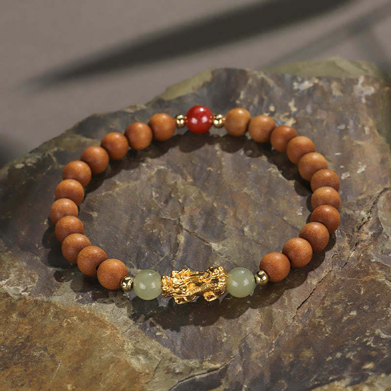 999 Sterling Silver Sandalwood Ebony Wood Small Leaf Red Sandalwood Hetian Jade Cinnabar PiXiu Wealth Bracelet