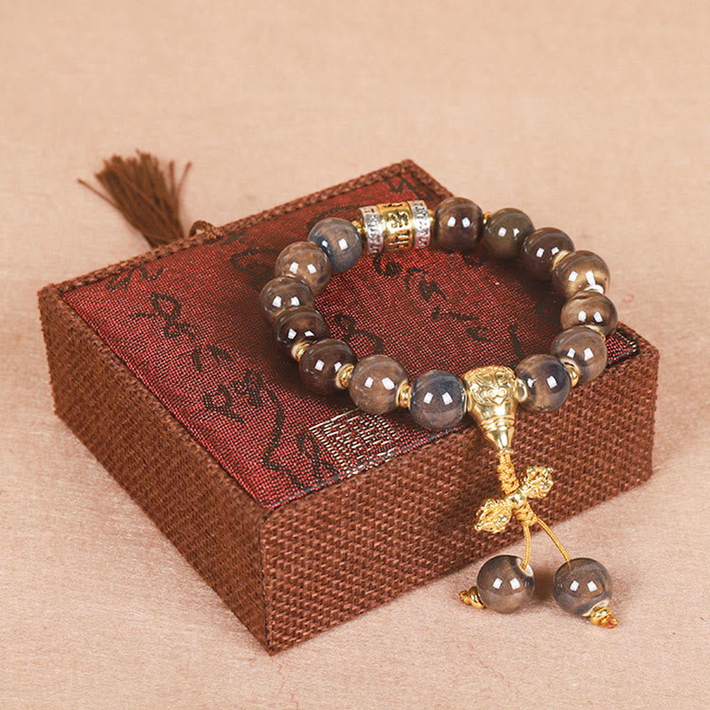 Tibet Om Mani Padme Hum Prayer Wheel Dorje Vajra Engraved Glass Bead Wisdom Bracelet