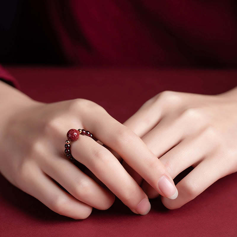 Garnet Cinnabar Lucky Bead PiXiu Om Mani Padme Hum Rose Protection Ring