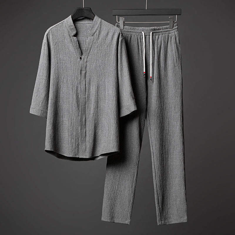 2Pcs Solid Color Texture Button Half Sleeve Shirt Pants Men's Set