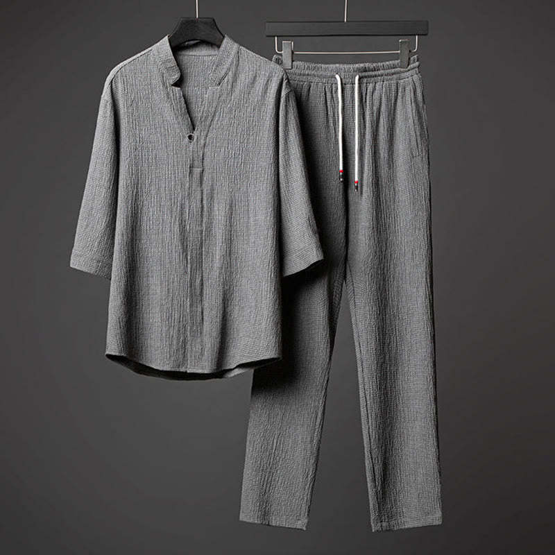 2Pcs Solid Color Texture Button Half Sleeve Shirt Pants Men's Set