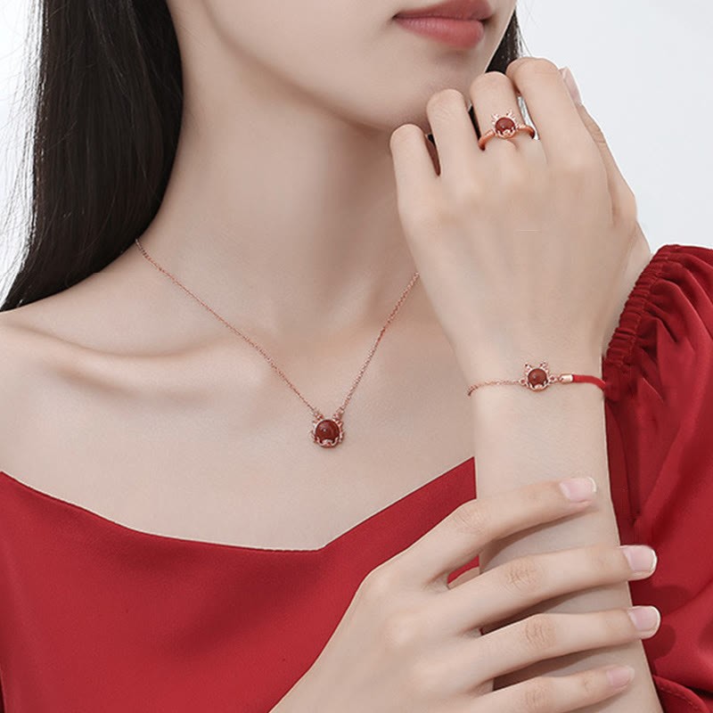 ???A Flash Sale-  925 Sterling Silver Year of the Dragon Cinnabar Red Agate Dragon Protection Bracelet Necklace Pendant Earrings Ring