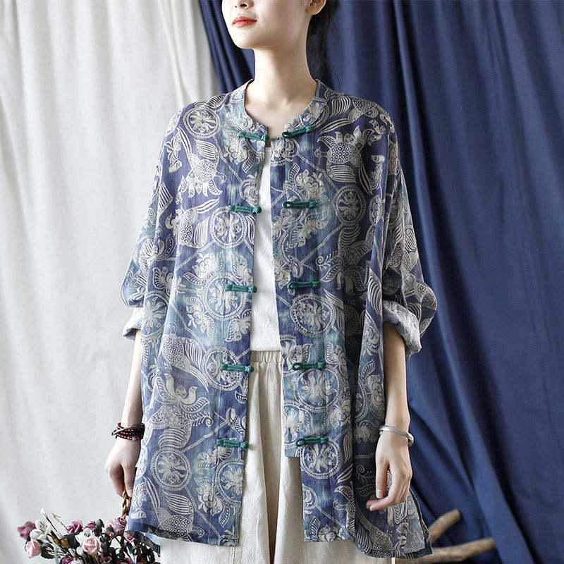 Birds Flowers Geometry Frog-Button Long Sleeve Ramie Linen Jacket Shirt