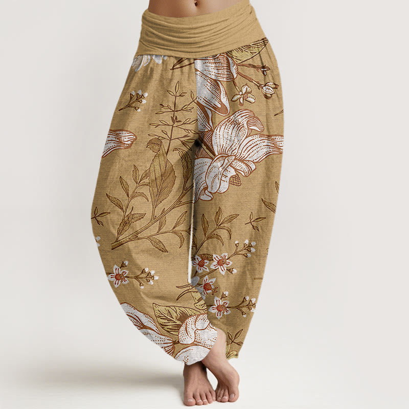 Daisy White Flowers Pattern Women's Elastic Waist Harem Pants