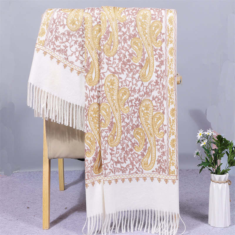 Rayon Fabric Shawl Golden Cashew Flowers Embroidery Tassel Winter Cozy Travel Scarf Wrap