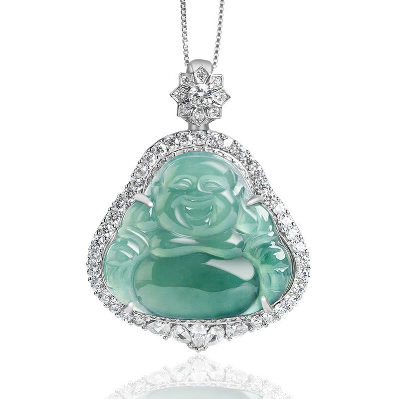 925 Sterling Silver Laughing mystic zen Natural Jade Luck Abundance Chain Necklace Pendant