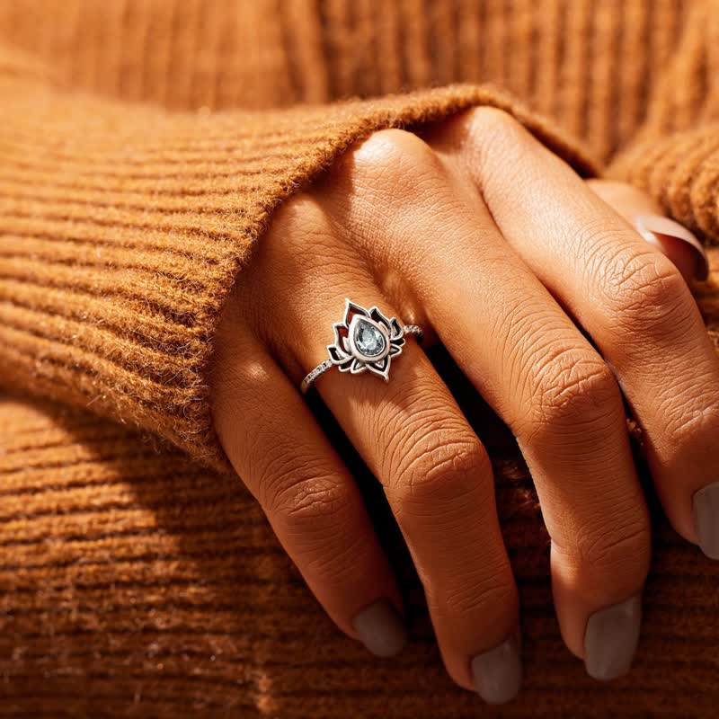Sterling Silver Lotus Zircon Blessing Protection Ring