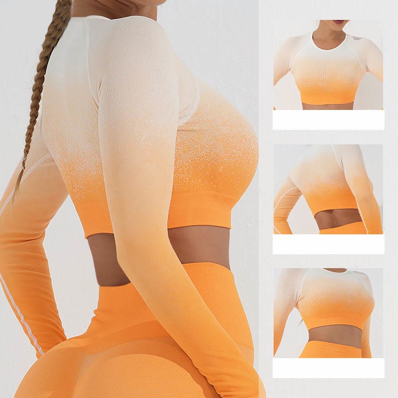 Gradient Long Sleeve Crop Top Tee Bra Leggings Pants Fitness Yoga Outfit