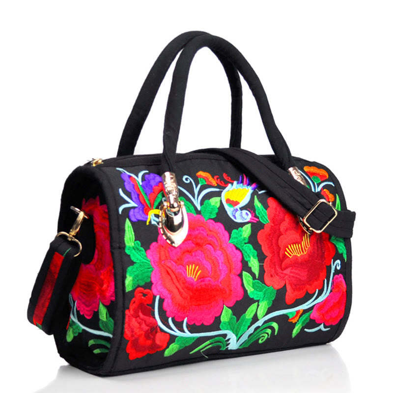 Money Tree Peony Camellia Double-Sided Embroidery Canvas Shopping Purse Handbag Crossbody Bag