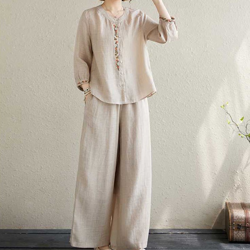 2Pcs Cotton Embroidery Flowers Shirt Top Pants Meditation Zen Tai Chi Clothing Women's Set