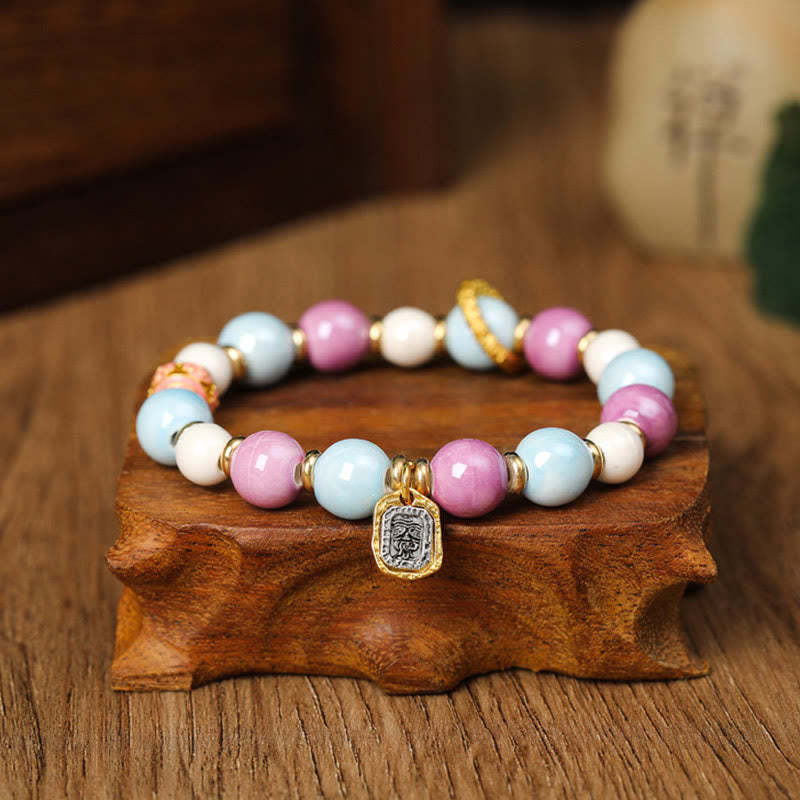 Tibetan Zakiram Goddess of Wealth Rabbit Lion Head Charm Liuli Glass Incense Ash Porcelain Bead Protection Bracelet