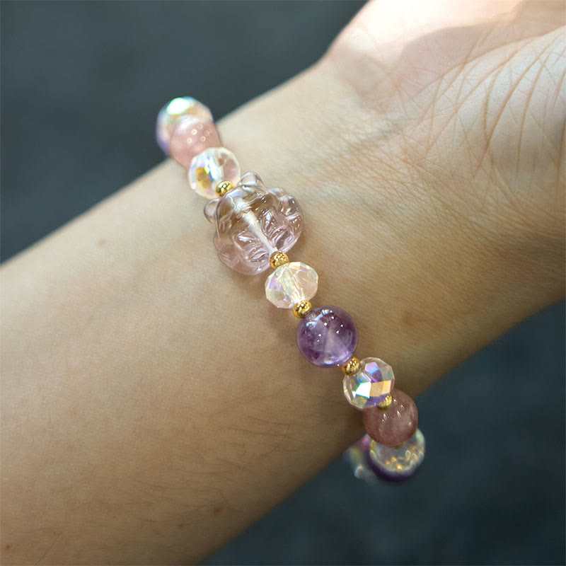 Amethyst Strawberry Quartz White Crystal Nine-tailed Fox Meditation Bracelet