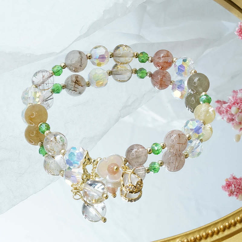 Strawberry Quartz Rutilated Quartz Fluorite Flower Healing Bracelet