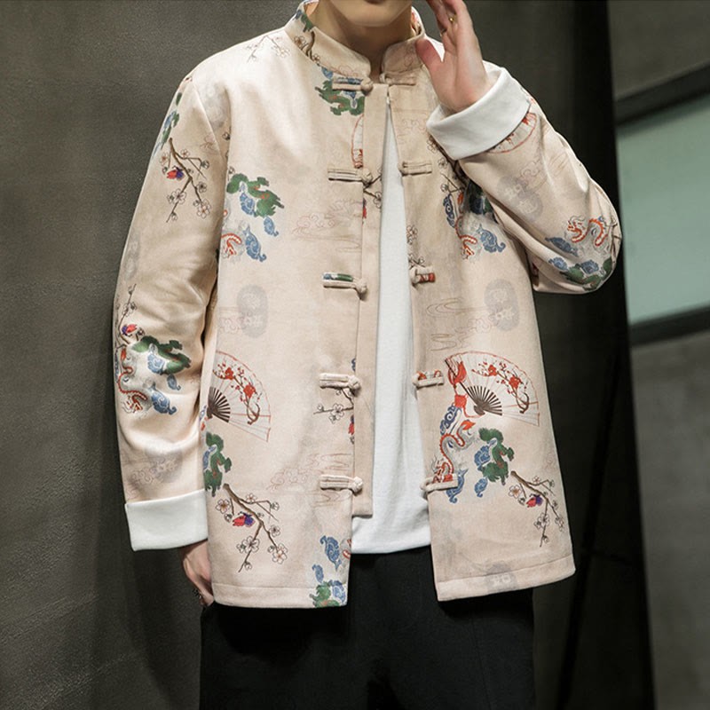 Chinese New Year Clothes Flowers Dragon Fan Auspicious Clouds Frog-button Tang Suit Cotton Men's Jacket Shirt