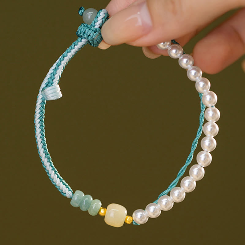925 Sterling Silver Hetian Jade Braided Rope Pearl Abundance Bracelet