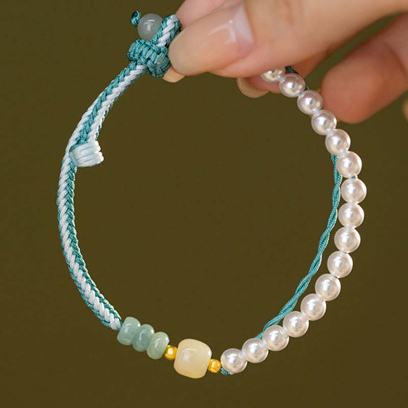 925 Sterling Silver Hetian Jade Braided Rope Pearl Abundance Bracelet