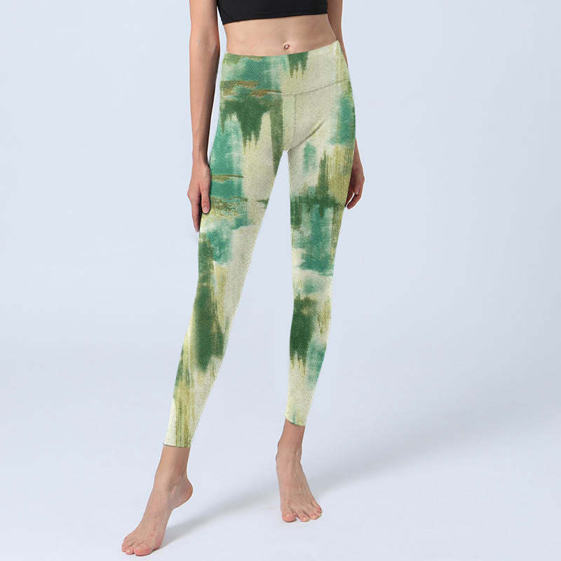 Beige Green Tie Dye Print Exercise Leggings Women's Yoga Pants