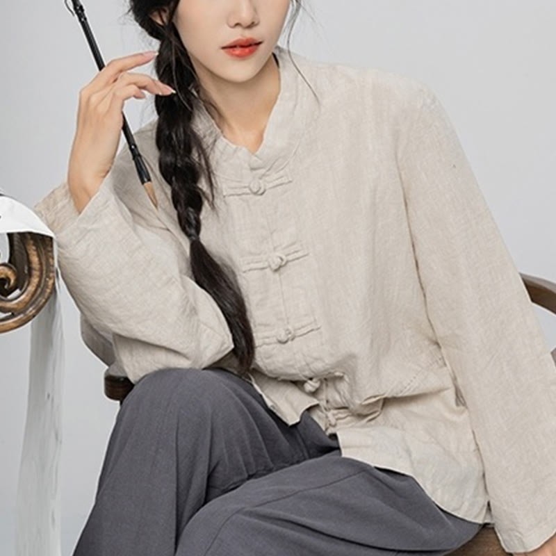 Solid Color Frog-button Long Sleeve Linen Women's Shirts With Pockets