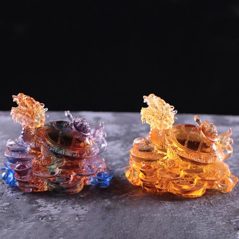 Feng Shui Dragon Turtle Coins Handmade Liuli Crystal Luck Art Piece Home Office Decoration