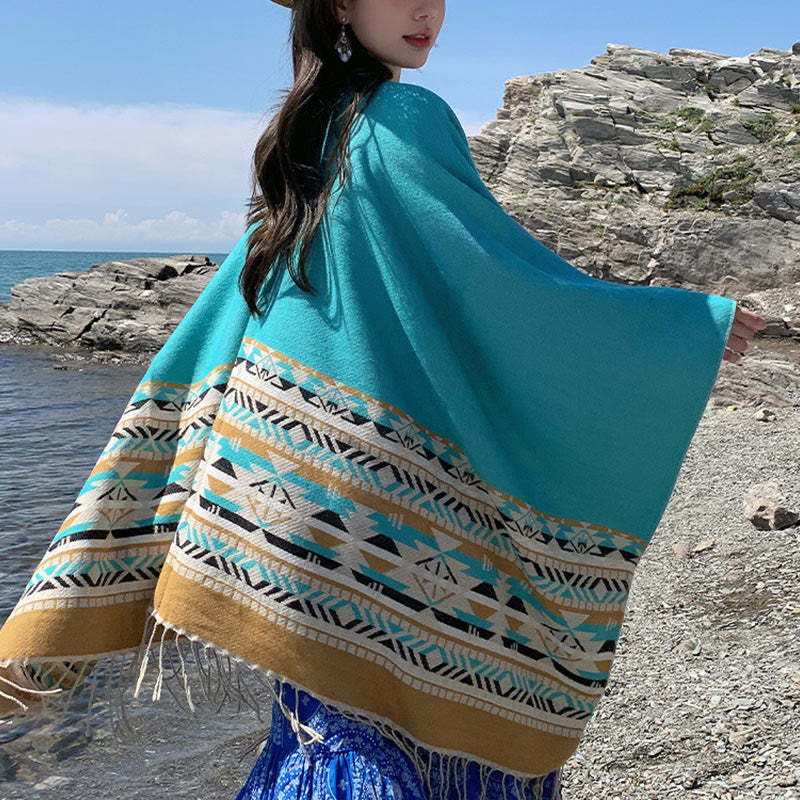 Tibetan Geometric Rhombus Pattern Tassels Shawl Fall Winter Warm Cozy Scarf Wrap