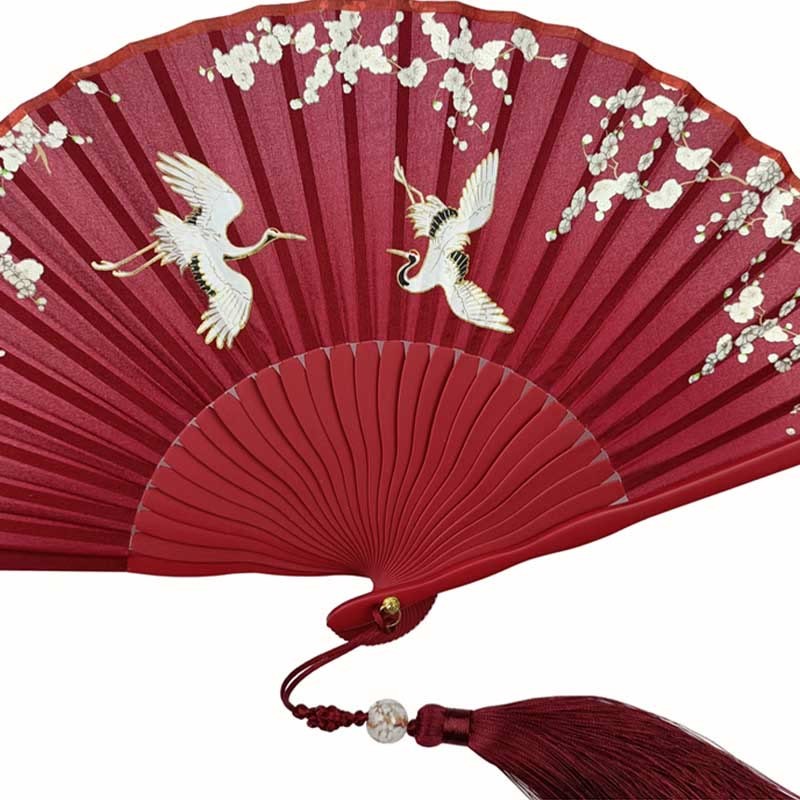 Crane Plum Blossom Handheld Silk Bamboo Folding Fan