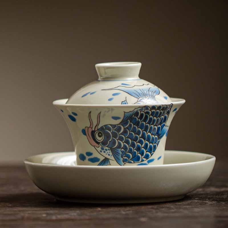 Koi Fish Arowana Ceramic Gaiwan Sancai Teacup Kung Fu Tea Cup With Lid 130ml