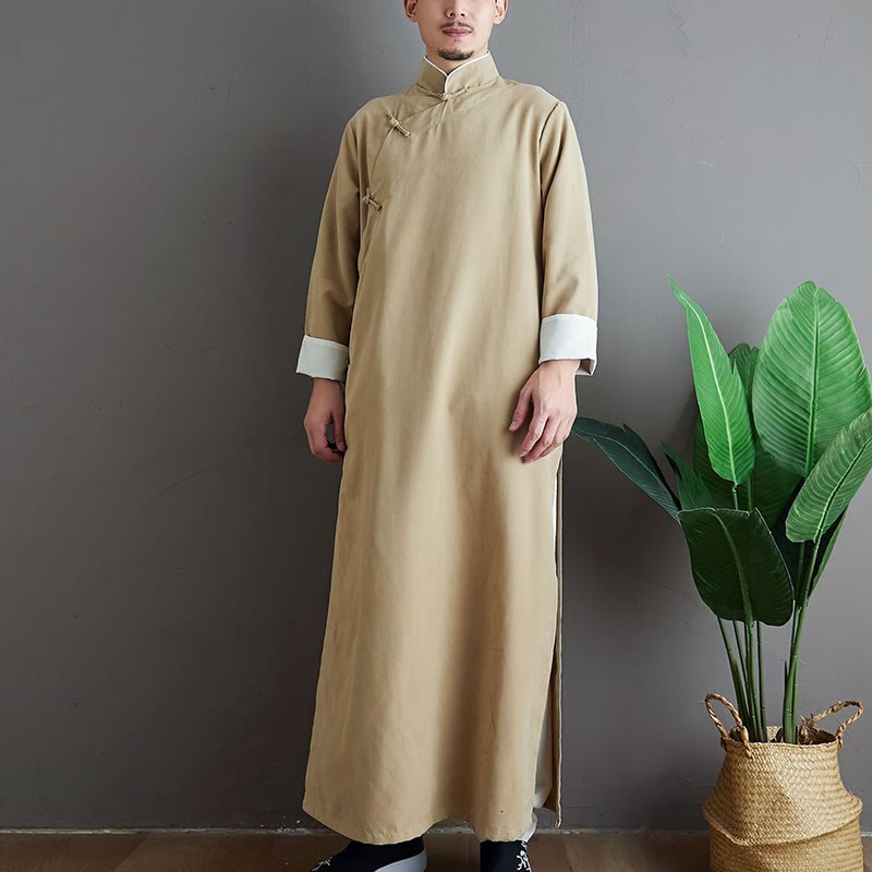 Fall Solid Color Chinese Frog-Button Cotton Men's Tang Suit Robe