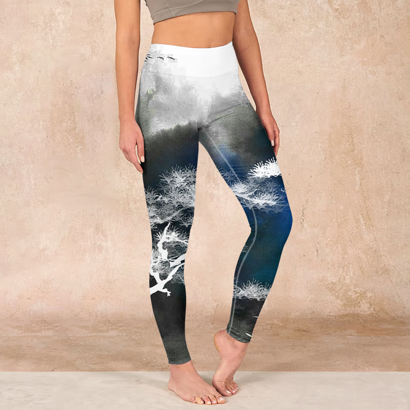 Ink Painting Pine Tree Print Gym Leggings Women's Yoga Pants