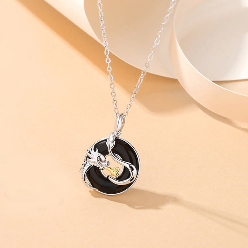 925 Sterling Silver Year of the Dragon Natural Black Onyx Chalcedony Dragon Phoenix Peace Buckle Protection Necklace Pendant