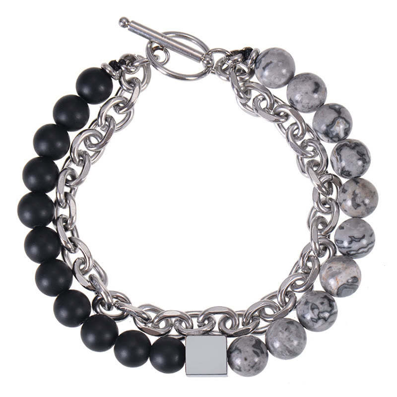 Colorful Tiger Eye Frosted Stone Black Magnetite Titanium Steel Double Wrap Protection Bracelet