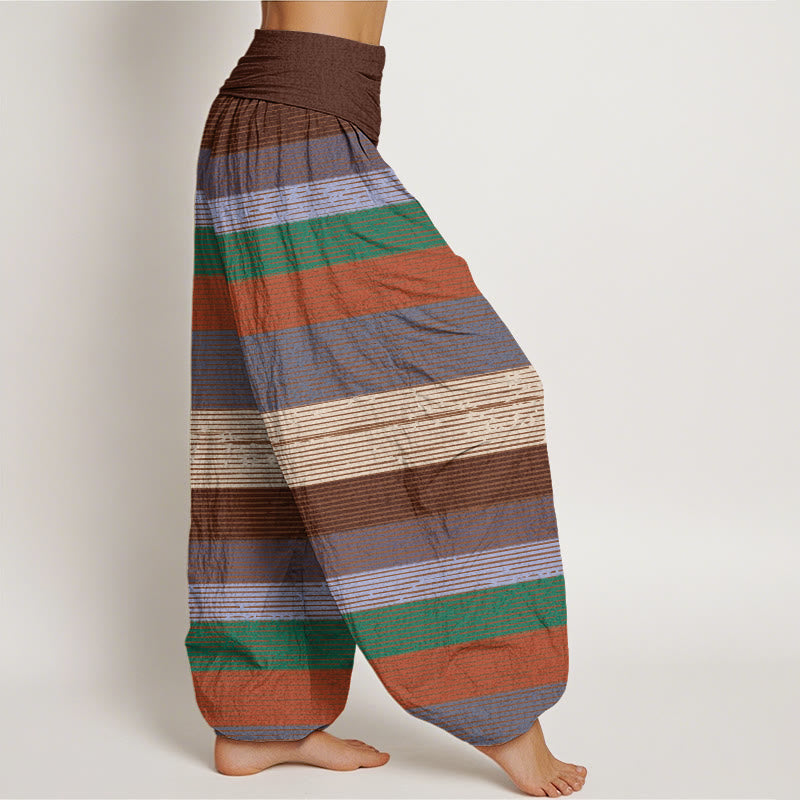 Casual Colorful Horizontal Stripe Pattern Women's Elastic Waist Harem Pants